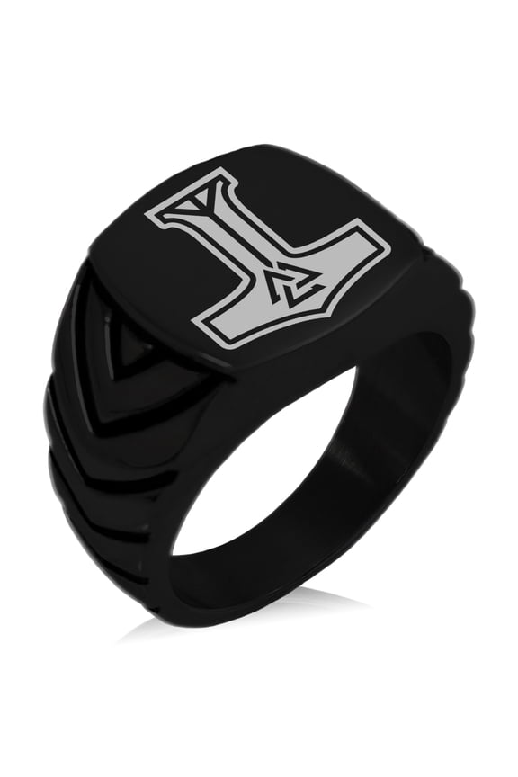 Stainless Steel Valknut Mjolnir Thor's Hammer Chevron Pattern Biker Style Polished Ring