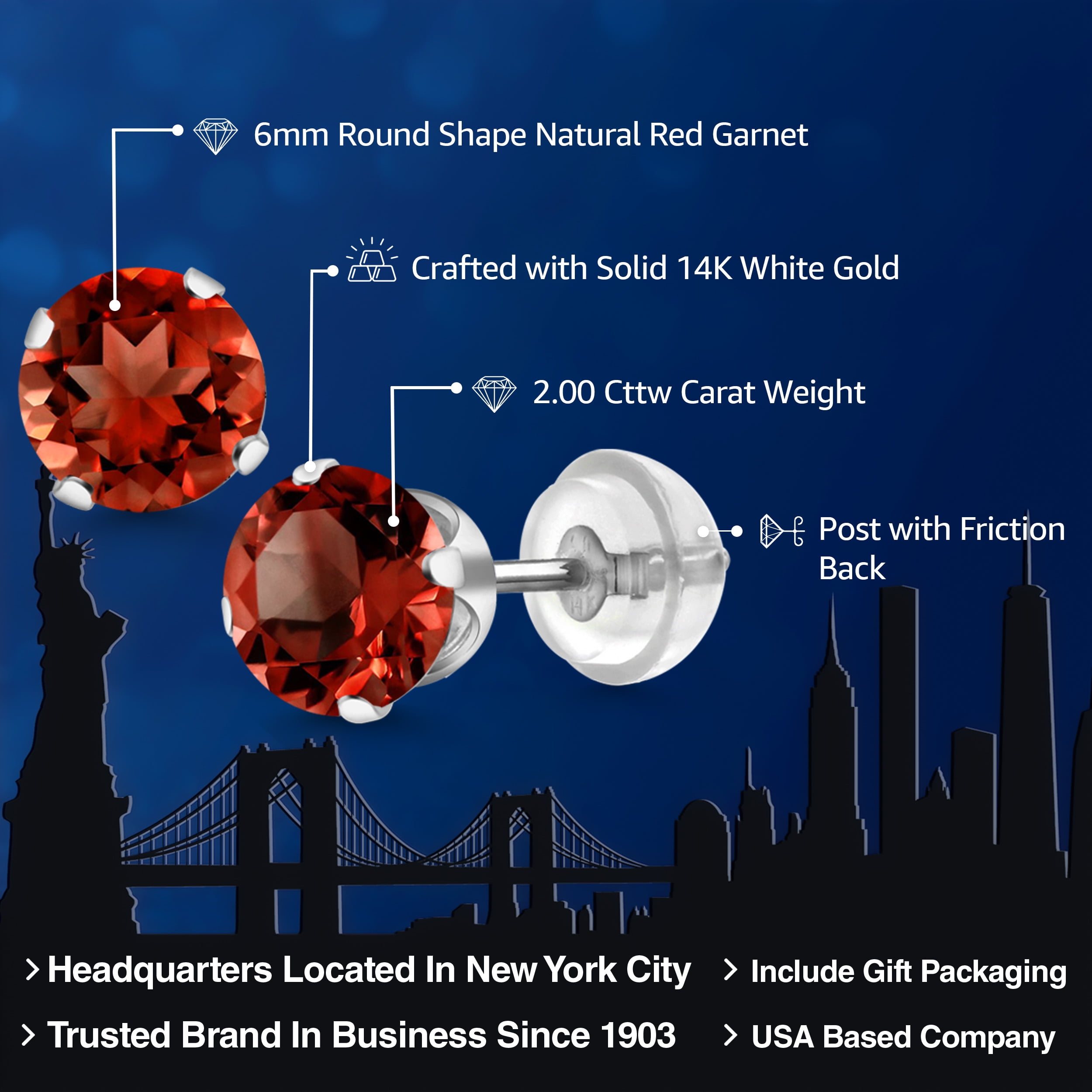 Gem Stone King 14K White Gold Red Garnet Stud Earrings for Women Men (2.00 Cttw, Gemstone Birthstone, Round 6MM)