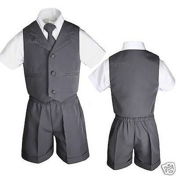 Baby Infant Toddler Formal Eton Dark Gray 4pc Vest Shorts Outfits Boy Suits S-4T