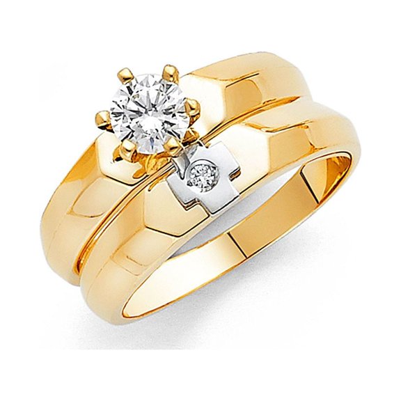 14k Two Tone Gold Round 1 ct CZ Wedding Band Ring Trio Set Bride & Groom
