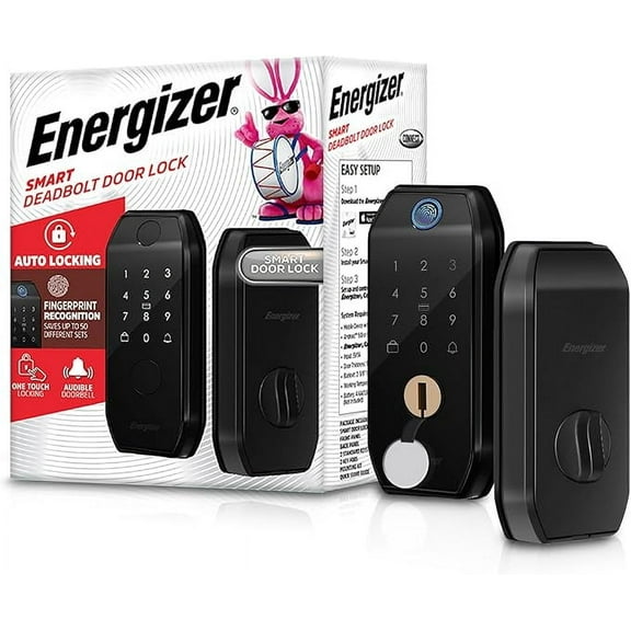 Energizer Smart Door Lock, Deadbolt Lock with Keyless Fingerprint Entry, App Control, Anti-Peep Passcode Touchscreen, 2 Key Fobs & 2 Keys, Holds 50 Fingerprints, One-Touch Lock, Auto-Lock, Doorbell