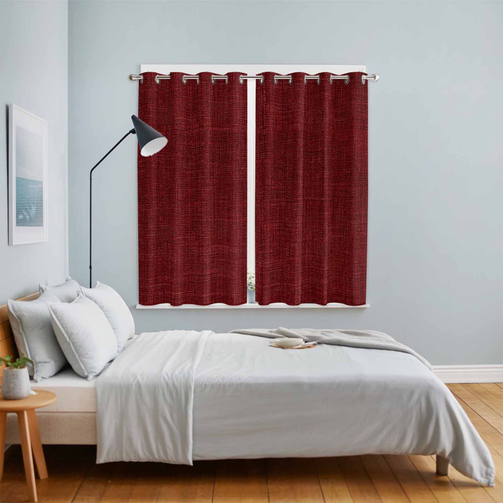 Curtains 63 Inch Length 2 Panels, Vintage Dark Red Grommets Window Treatment Curtain, Farmhouse Retro Solid Color Linen Texture Thermal Curtains Drapes for Living Room/Bathroom
