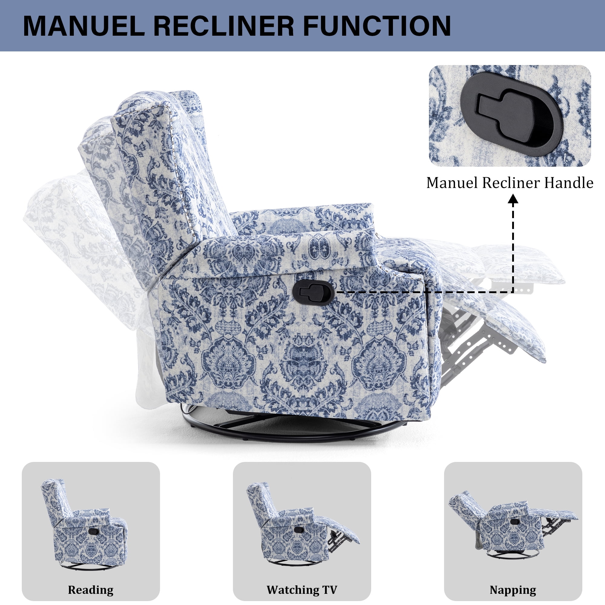 DREAMSIDEA Recliner Swivel Glider Rocker Nursery Chair for Adults, High Back Upholstered Rocking Armchair for Living Room, Manual Reclining Sofa Lounge Chair with Deep Seat in Fabric - Navy