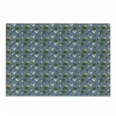 Bird Print Cutting Board, Repetitive Pattern of Dracaena Marginata Bush and Japanese Cranes, Decorative Tempered Glass Cutting and Serving Board, in 3 Sizes, by Ambesonne
