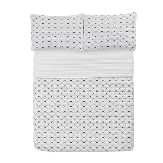 Abstract Microfiber Bedspread Set, Kings Crown Classic Empire Royal on Contemporary Simplistic Display, Soft Bedding Set with Pillow Shams & Comforter, 3 Sizes, Black White, by Ambesonne