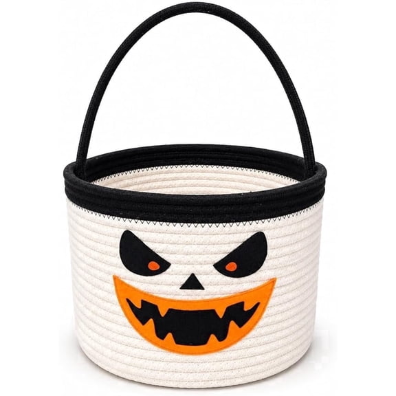 SweetMemo Halloween Trick-or-Treat Basket, White Cotton Rope Candy Pail with Handle, Spooky Ghost,Fit Grim Reaper, 9.4 x 7.5 in, 1 Pack
