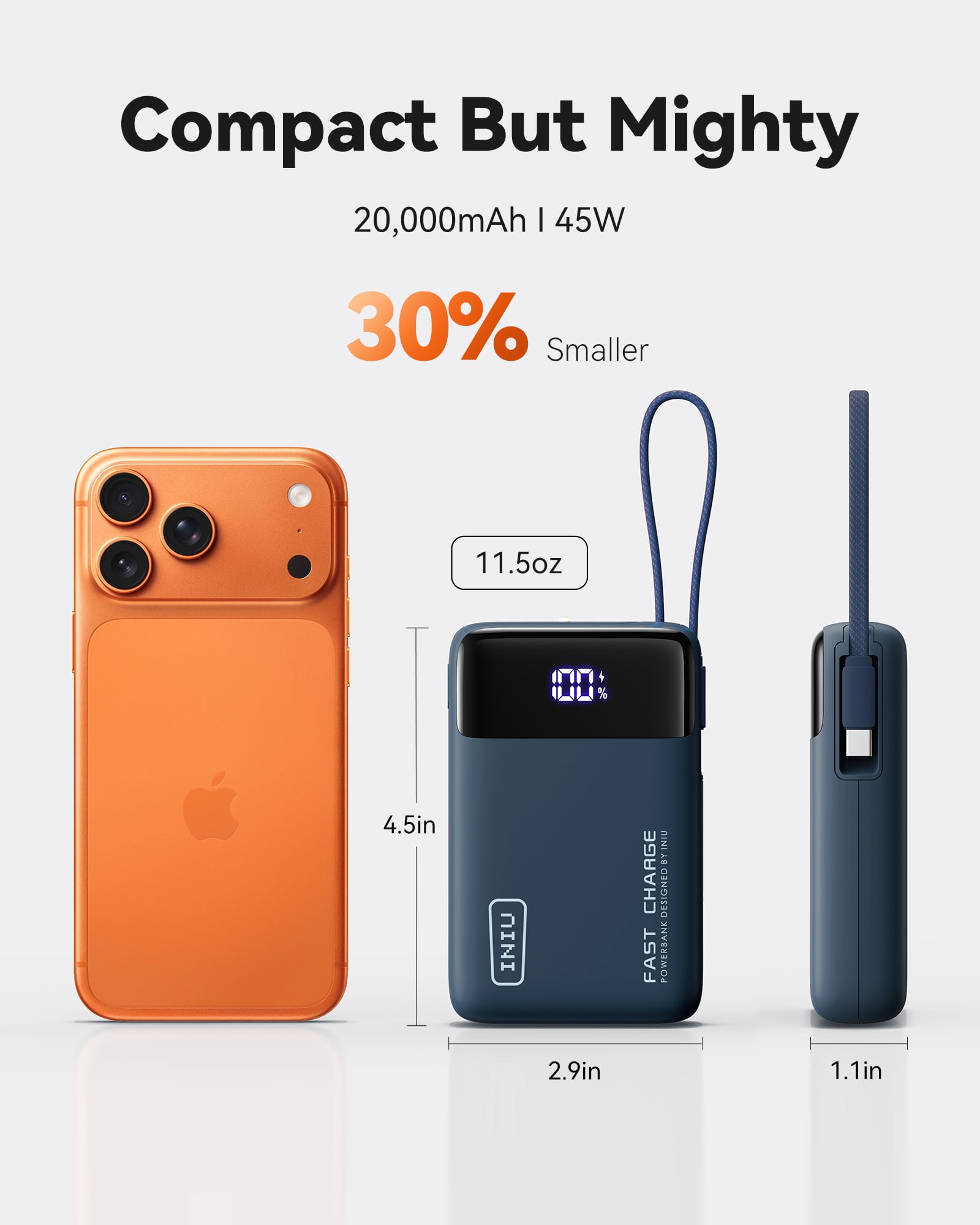 INIU 20,000 mAh Portable Power Bank with Built-in Cables, 45W Fast Portable Charger with USB-C, Battery Pack with LED Display Compatible with iPhone and Android Phone,Hiking,Travel Essentials,Blue