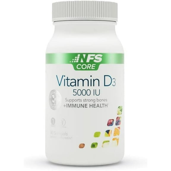 NF Sports Vitamin D3 5000 IU for Healthy Bones, Immune Support Supplement, Softgel Form, Vegan, Unflavored, Gluten-Free, Non-GMO, Supplement for Women & Men (60 Count, Pack of 1)