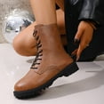 thumbnail image 2 of Women's Lace Up Flat Combat Boots Slip On Leather Ankle Winter Boots Block Low Heel Mid Calf Riding Boots Yellow Size 6.5, 2 of 8