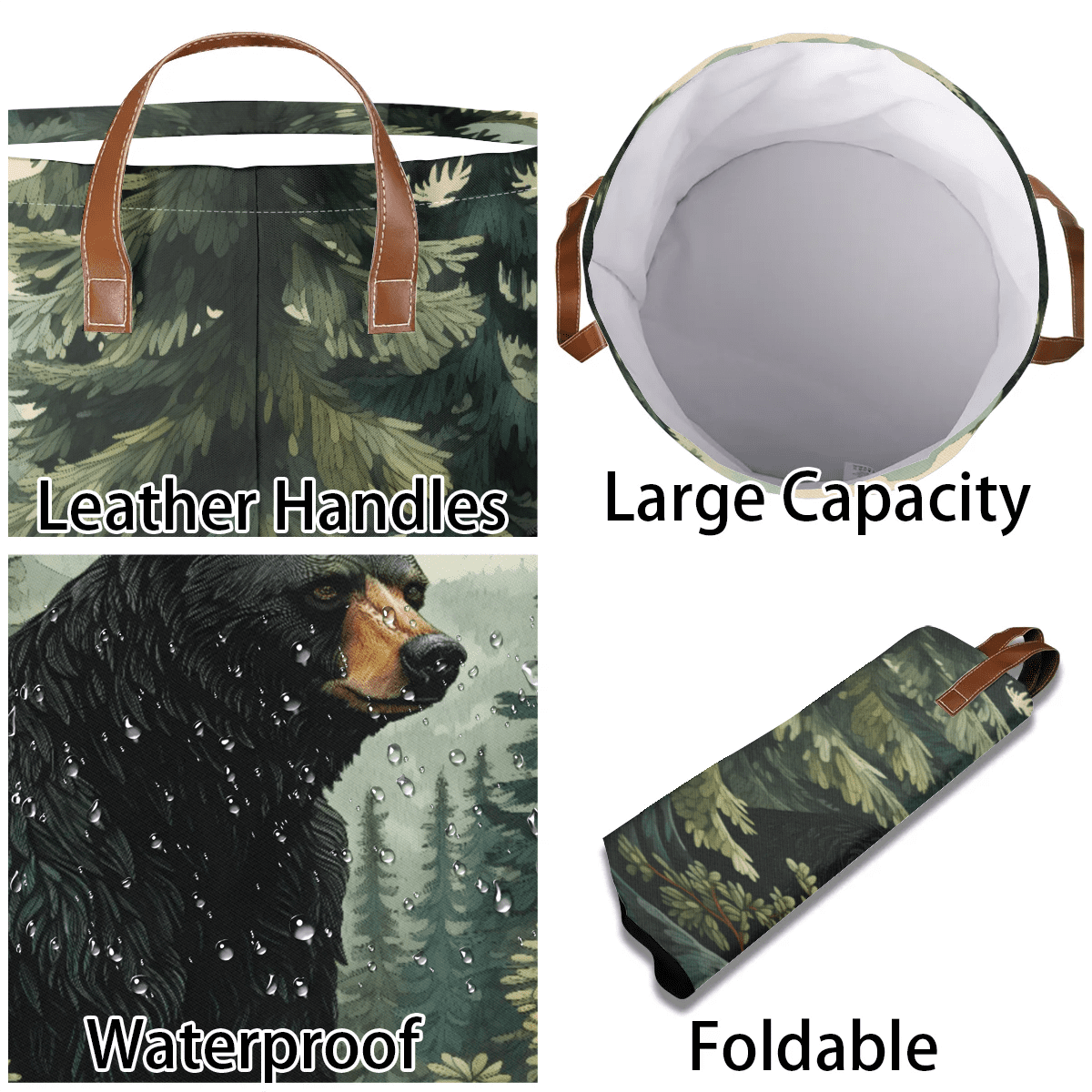 ADECORIVY Black Bear Forest Laundry Basket Waterproof Collapsible Hamper With Handles Oxford Cloth Dirty Clothes Tote for Bathroom, Bedroom, Living Room
