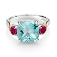 thumbnail image 2 of Gem Stone King 925 Silver and 10K Yellow Gold Sky Blue Topaz and Red Created Ruby 3 Stone Ring for Women (5.65 Cttw, Gemstone November Birthstone, Cushion Checkerboard 10MM, Size 7), 2 of 3