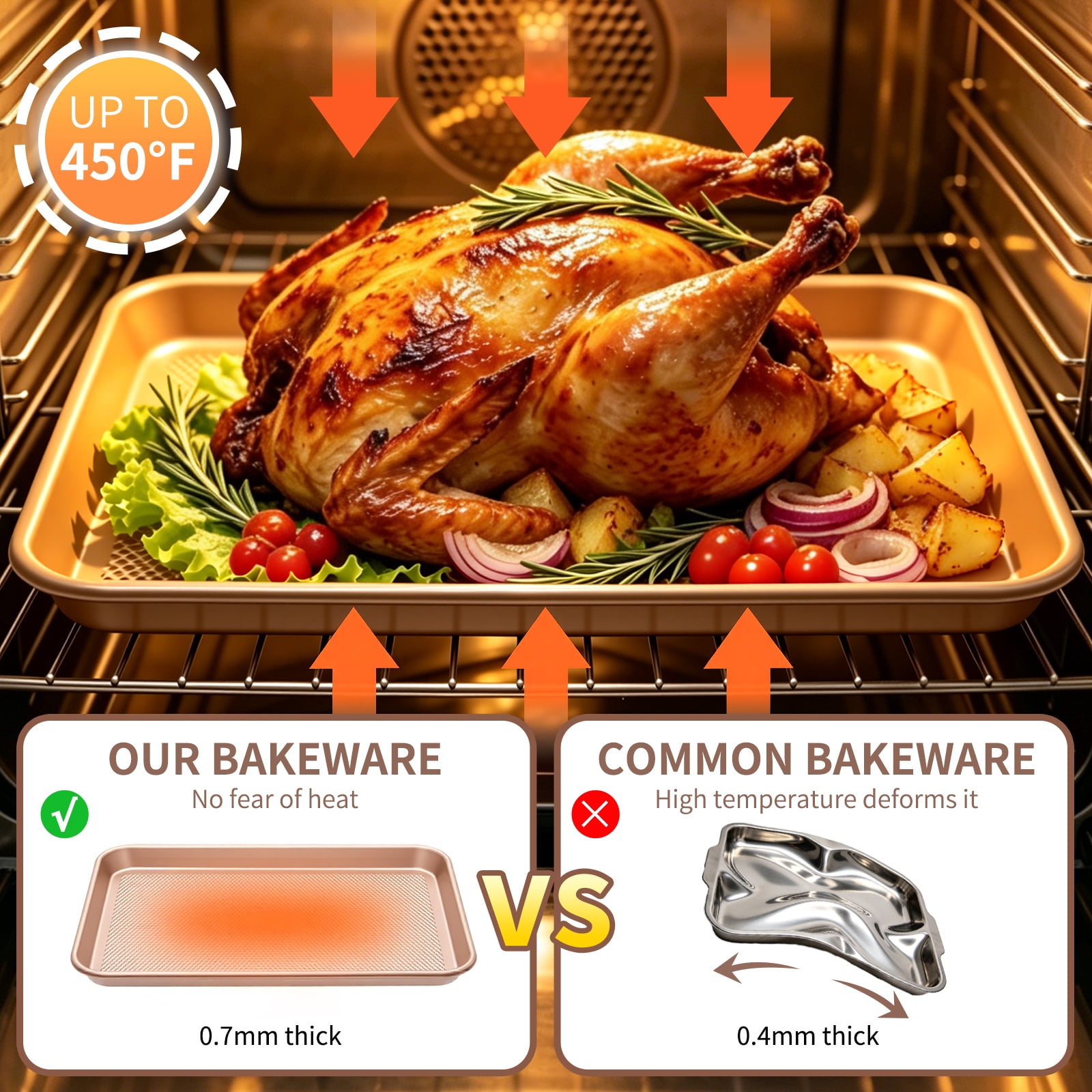 Baking Sheet Set, Nonstick Diamond-Texture Carbon Steel, Stackable, Easy Clean, Champagne Gold, 3-Piece, Up to 12.6x17.5 Inches