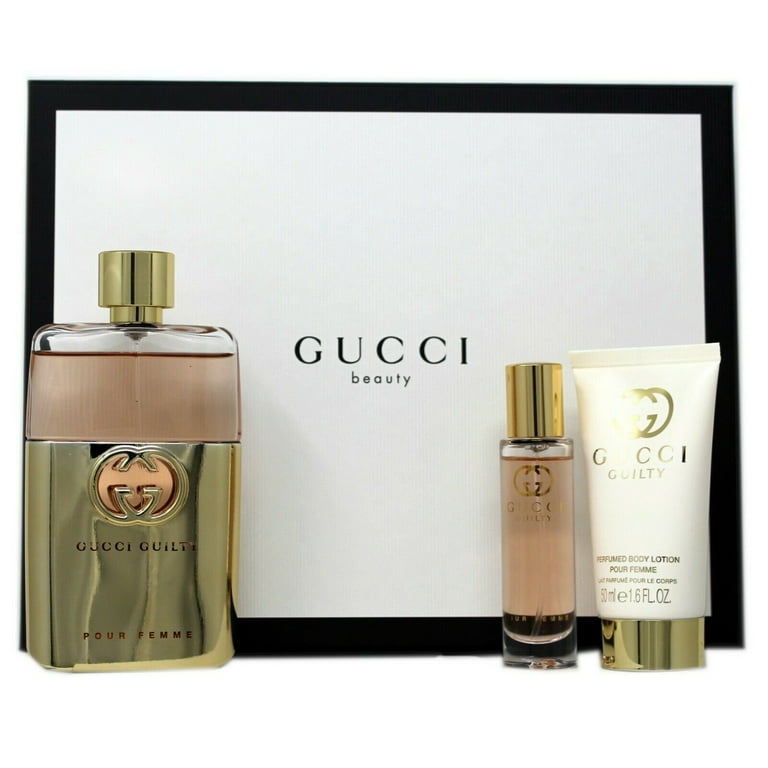 GUCCI GUILTY POUR FEMME 3 PCS SET ( EDP SPRAY 3.0 oz/90ml+B/L 1.6 oz/50ml  +EDP TRAVEL SPRAY 0.5oz/15ml.)