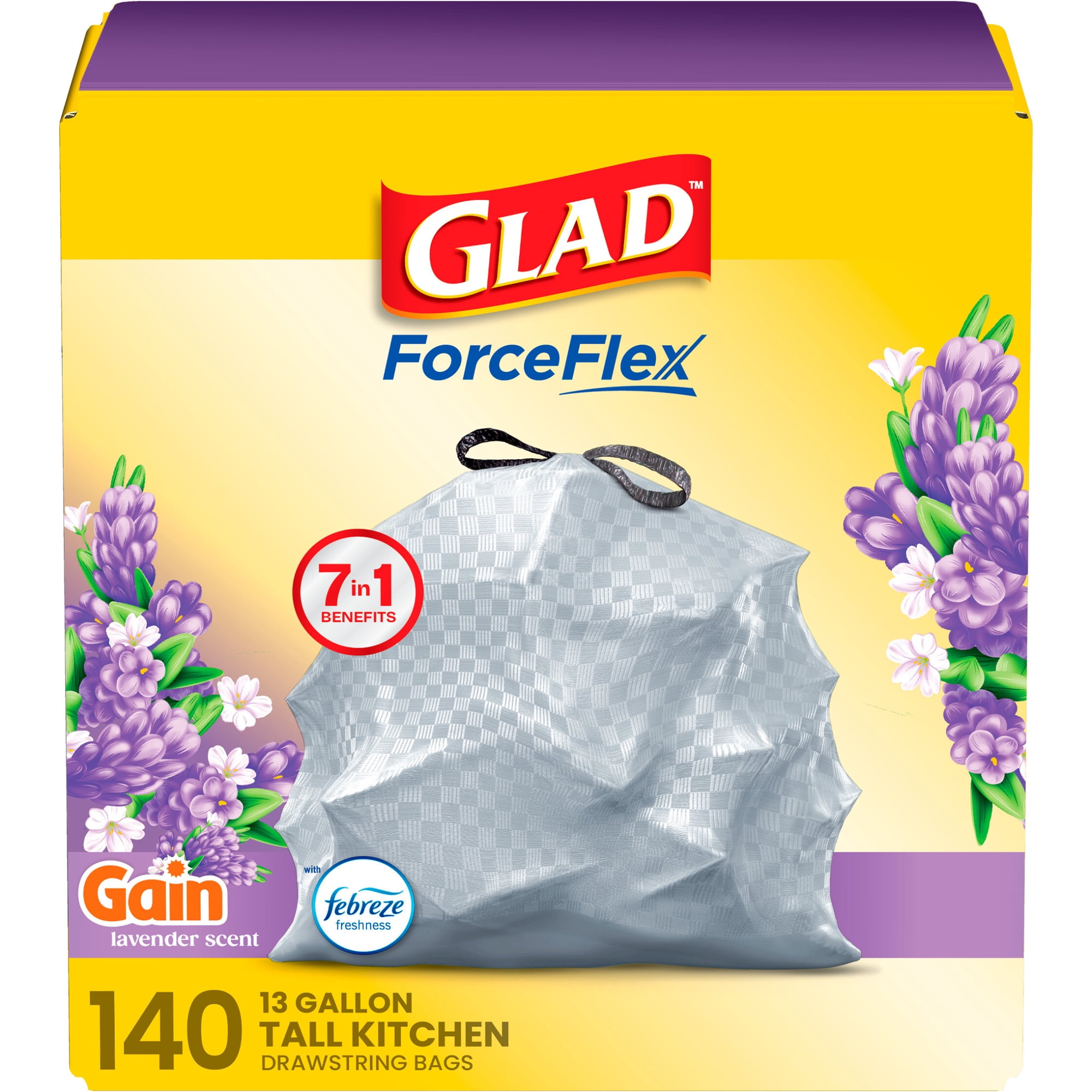 Glad ForceFlex 13-Gallon Drawstring Tall Kitchen Trash Bags, Gain Lavender Scent, 140 Bags