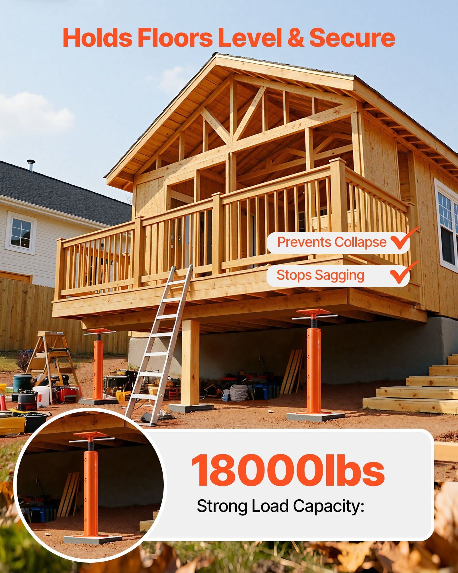 2 Pack House Floor Jacks 19-36 Inch Height 18000 lbs Max Load Adjustable Support Beam Basement Jack Post Pole Leveling Lift Steel Telescoping Post Temporary Support