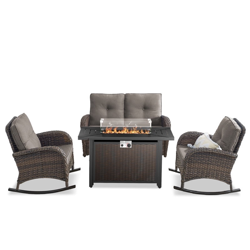 PARKWELL 5 Pieces Outdoor Patio Furniture Set with Fire Pit Table,All Weather Wicker Cushioned Rocking Chairs,Loveseat Glider for Garden Lawn Balcony Porch Deck,Brown/Gray