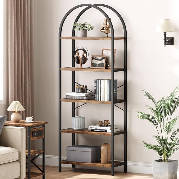 5 - tier arched estante libros estante, altura estante libros almacenamiento, vertical exposición estante rack, moderno wood y metal almacenamiento shelving unidad dorm, sala estar, y oficina...