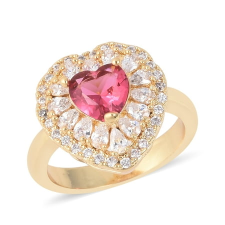 Pink Zircon Ring - Goldtone Heart Cubic Zircon CZ Red Statement Ring for Women Jewelry Gift Size 8 Cttw 2.1