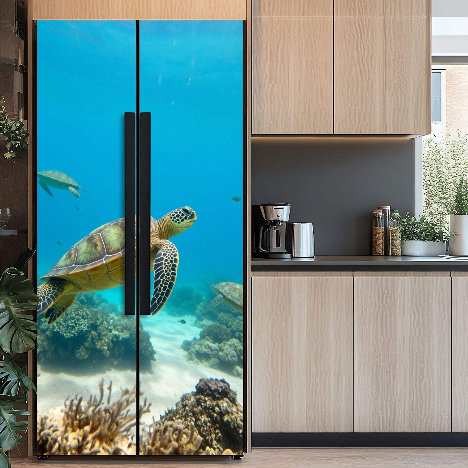 Self Adhesive Vinyl Refrigerator Wrap Set Beautiful Hawaiian Green Sea Turtle Door Mural Removable Fridge Sticker Peel and Stick&nbsp;Full Door Cover Decal Kitchen Bar Decor