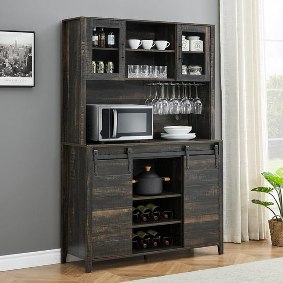 GAOMON 70" Farmhouse Coffee Bar Cabinet with Sliding Barn Door, Kitchen Hutch with Wine Rack and Glass Storage, Buffet Cabinet for Dining Room and Living Room, Dark Oak