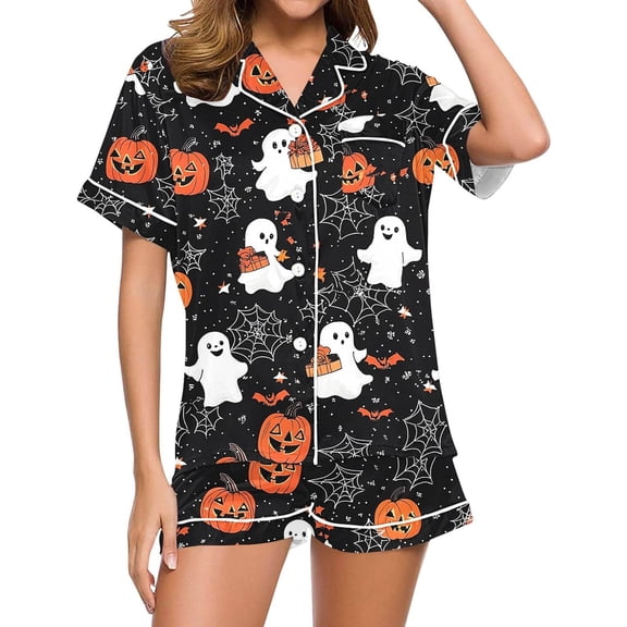 Halloween Silk Pajamas Women Casual Halloween Print Short Sleeve Top With Shorts Pajama Out Two Piece for Women Comfortable Set Everyday Loungewear Spring Autumn White XXL