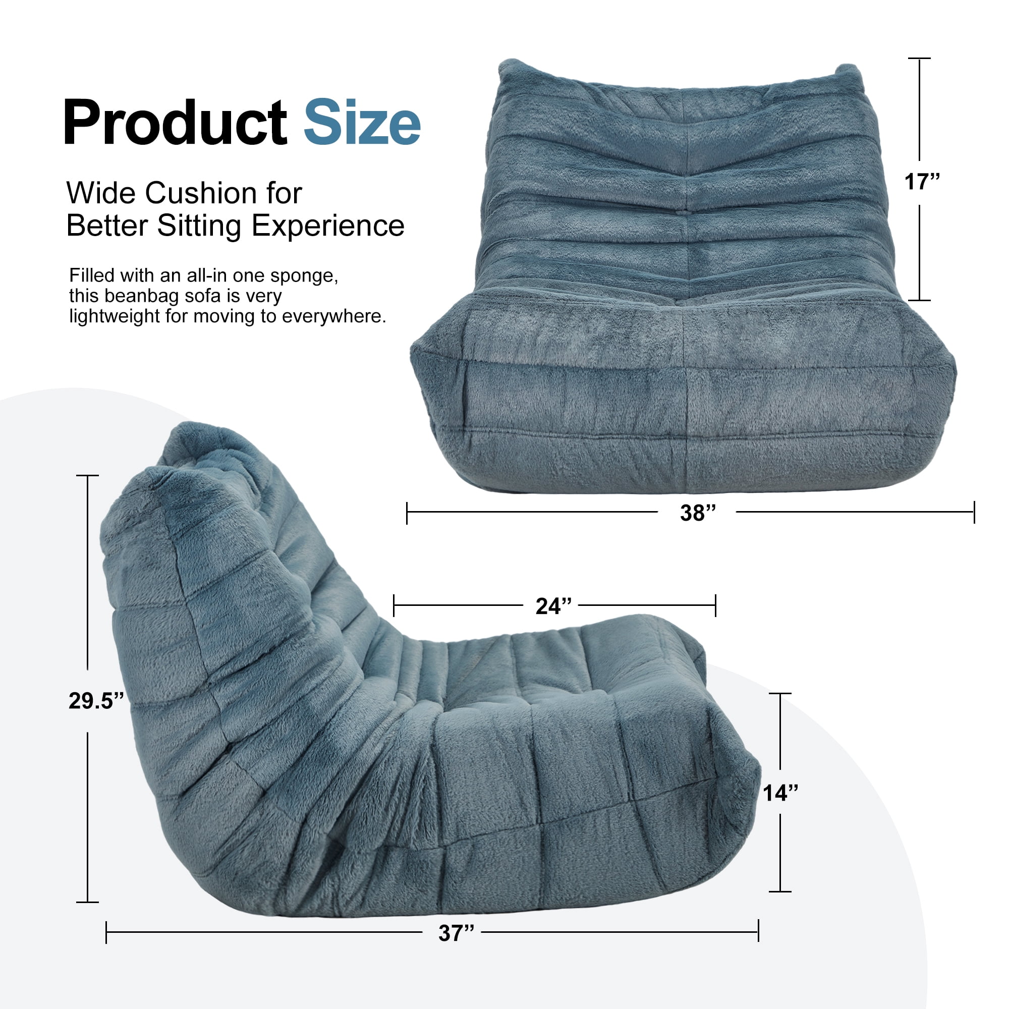 Hobestluk Bean Bag Chairs for Adults Giant BeanBag Chair Sofa Memory Foam Bean Bag Chair Faux Fur Fireside Bean Bags Big Lazy Sofa for Living Room Bedroom Dorm Office (Bluegrey Plush)