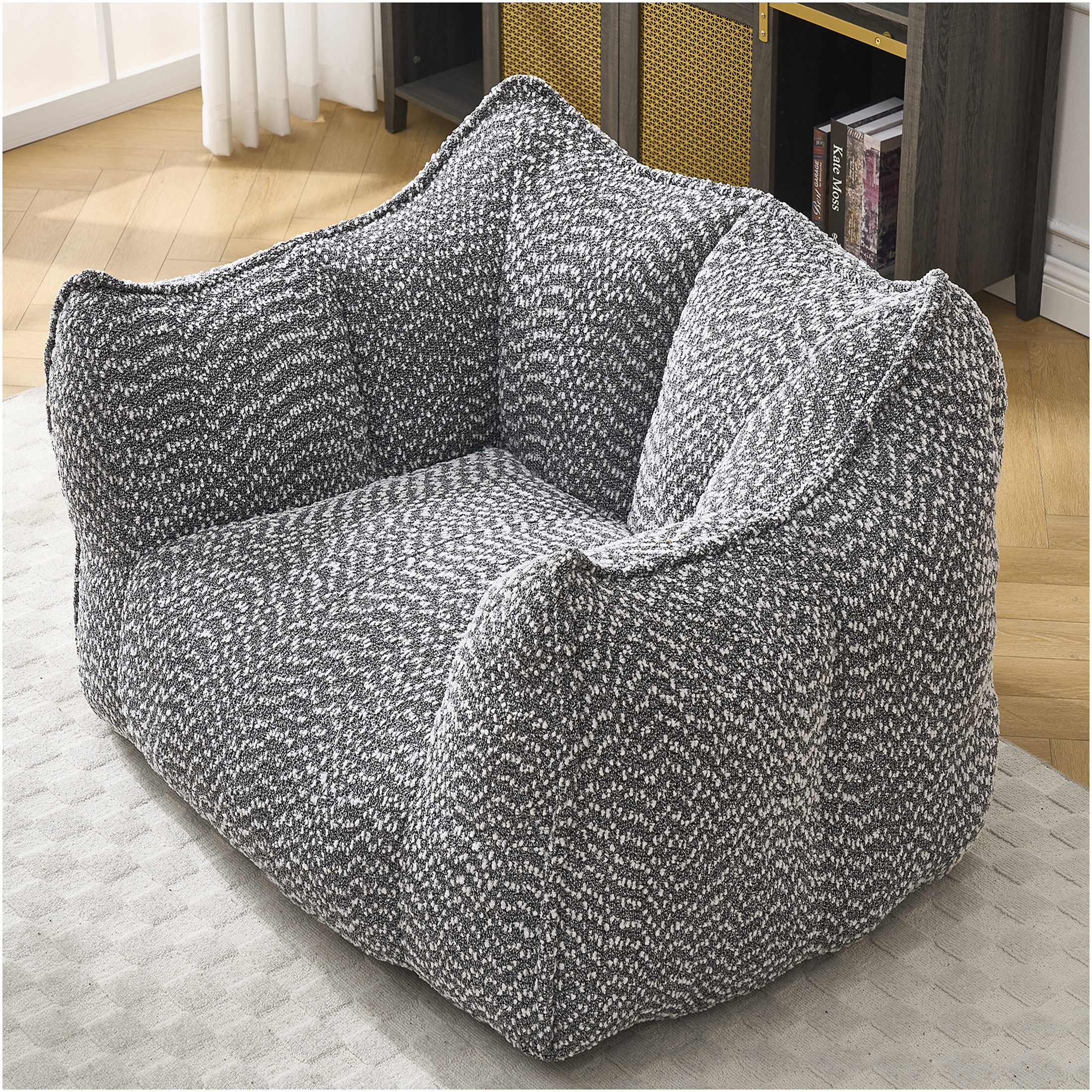 JERFIT Chenille Bean Bag Chair for Adults, Oversized Square Gaming Chair with High Resilience Foam, Comfy Armrests & Handle for Living Room, Bedroom, TV Watching, Reading - Grey