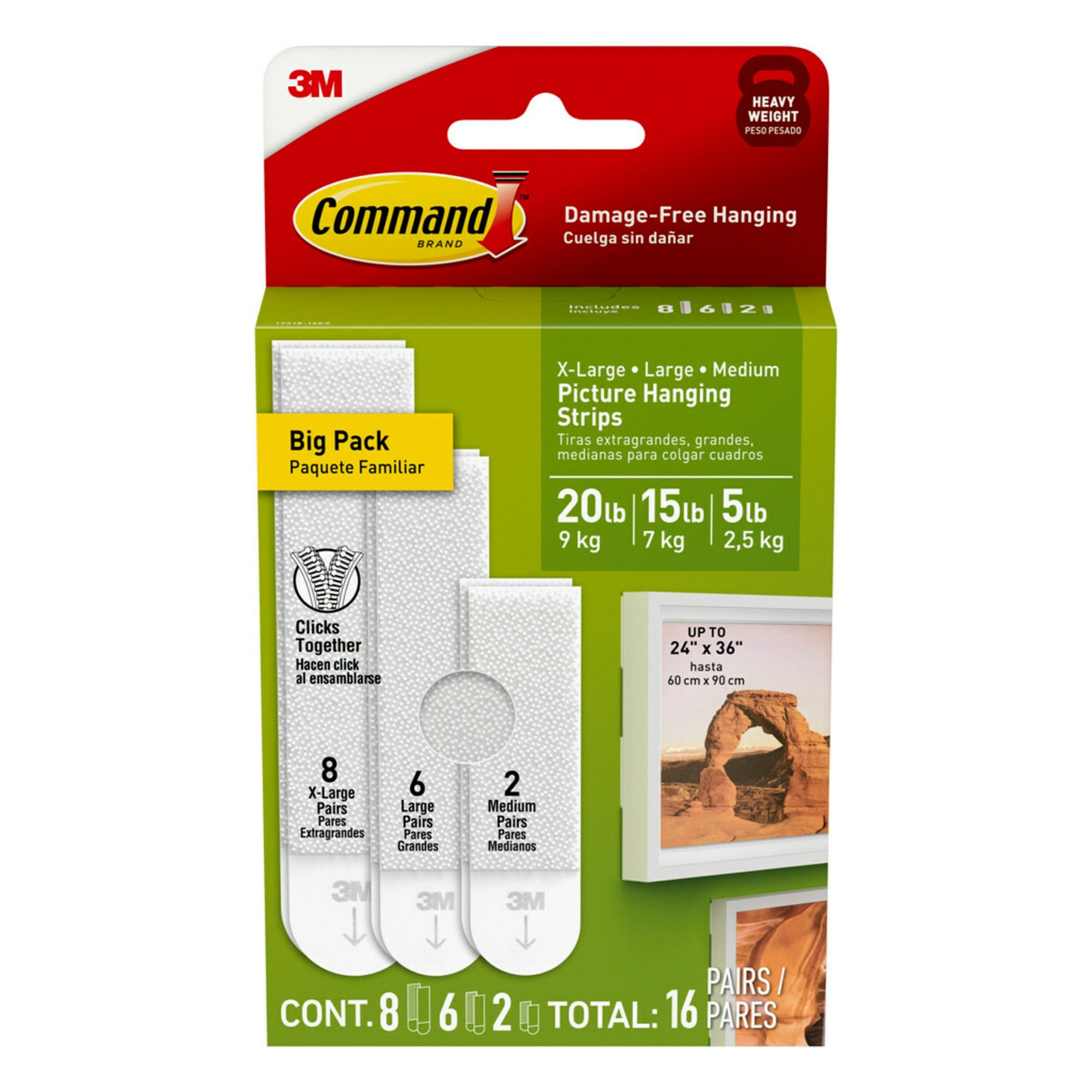 (3 pack) Command Picture Hangers Variety Pack, Holds 5 to 20 lbs, White, Damage-Free Hanging, 16 Adhesive Strips