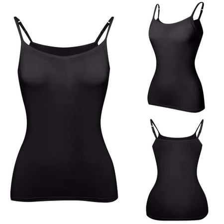 CHCNHAC Black Shelf Bra Camisole for Women Adjustable Spaghetti Strap Tank Top Solid Square Neck Padded Camisole Sexy Layering Bralette M