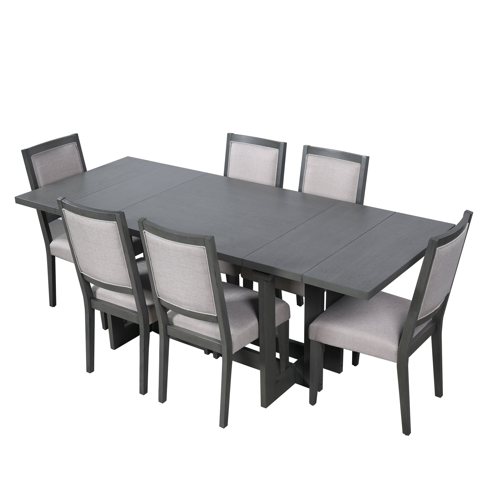 Euroco 7-Piece Extendable Dining Table Set for 6, 82" Large Kitchen Table with 6 Upholstered Dining Chairs and 2 Removable Leaves for Kitchen Dining Room,Grey+Beige