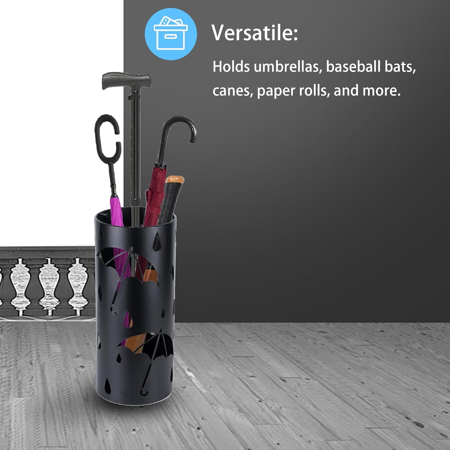 Umbrella Stand Rack, Black Round Metal Umbrella Holder, Free Standing Organizer with Hooks for Walk Stick