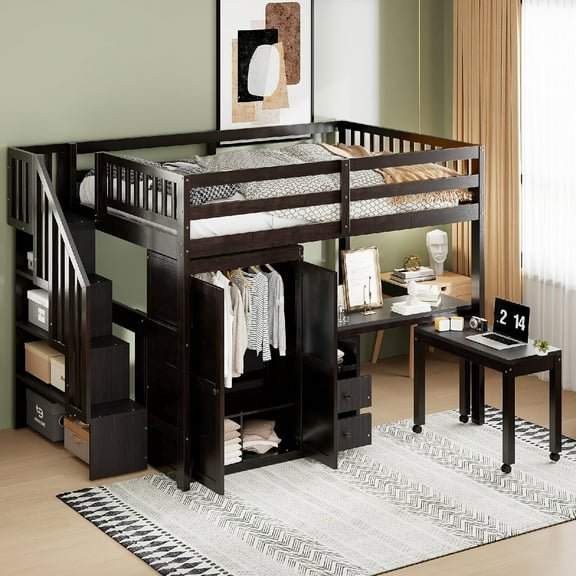 Full Size Loft Bed Frame Desk and Bookshelf, Wooden Loft Bed with Drawers and Wardrobe, Space-Saving Multifunctional Furniture for Bedroom, Apartment, Dorm, Mattress Not Included, Espresso