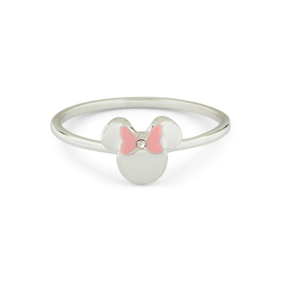 Pura Vida Silver Disney Minnie Mouse Delicate Ring w/ Crystal Stone - Brass Base Band, Rhodium Plating - Size 6
