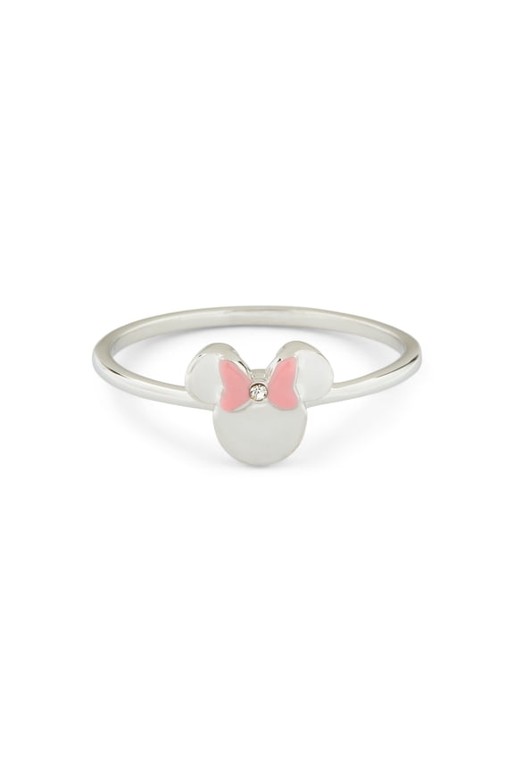 Silver Disney Minnie Mouse Delicate Ring w/ Crystal Stone - Brass Base Band, Rhodium Plating - Size 6