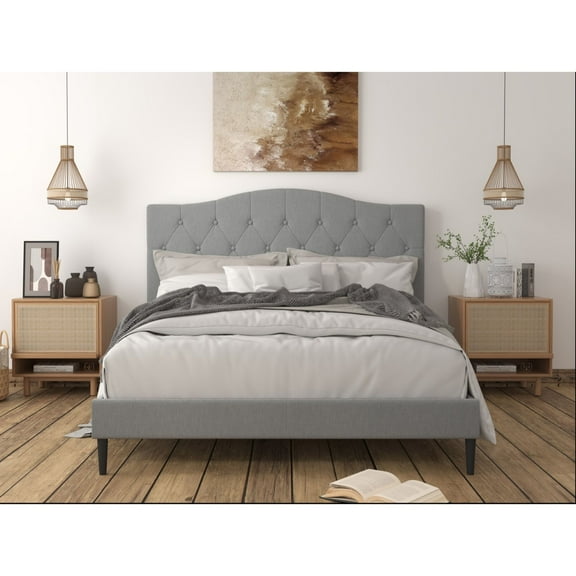 Home Design Mason Twin Upholstered Platform Bed with Button Tufted, Bed Frame with Curved Headboard for Adult, Gray, Easy Assembly
