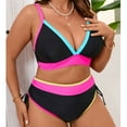 thumbnail image 5 of Plus Size Swimsuits for Curvy Women 2 Piece Push Up High Waisted Color Blocked V-Neck Ruched Drawstring Bathing Suits L-5XL, 5 of 9