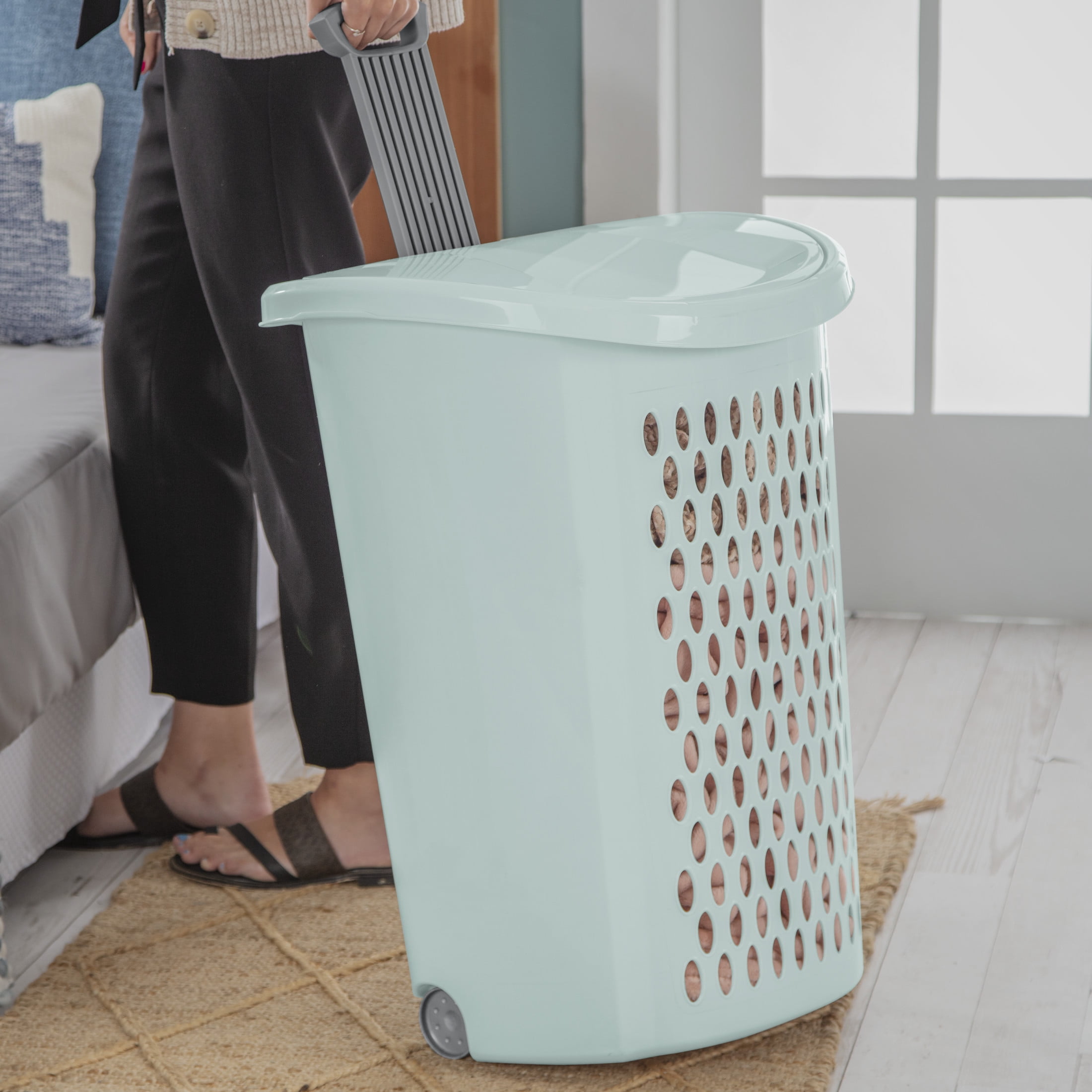 Sterilite Ultra™ Large Wheeled Hamper, Plastic Laundry Hamper with Wheels for Easy Transport, Mint, 3 Pack