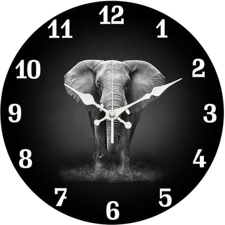 SBEMP10 Inch Silent Wall Clock, Black White Elephant Nature Decorative Wall Clock, Battery Operated Non-Ticking Round Clock for Living Room Bedroom Safari Home Decor