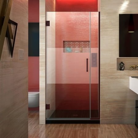Bronze Frameless Shower Door - DreamLine Unidoor Plus 34-34 1/2 in. W x 72 in. H Frameless Hinged Shower Door, Frosted Band, Oil Rubbed Bronze