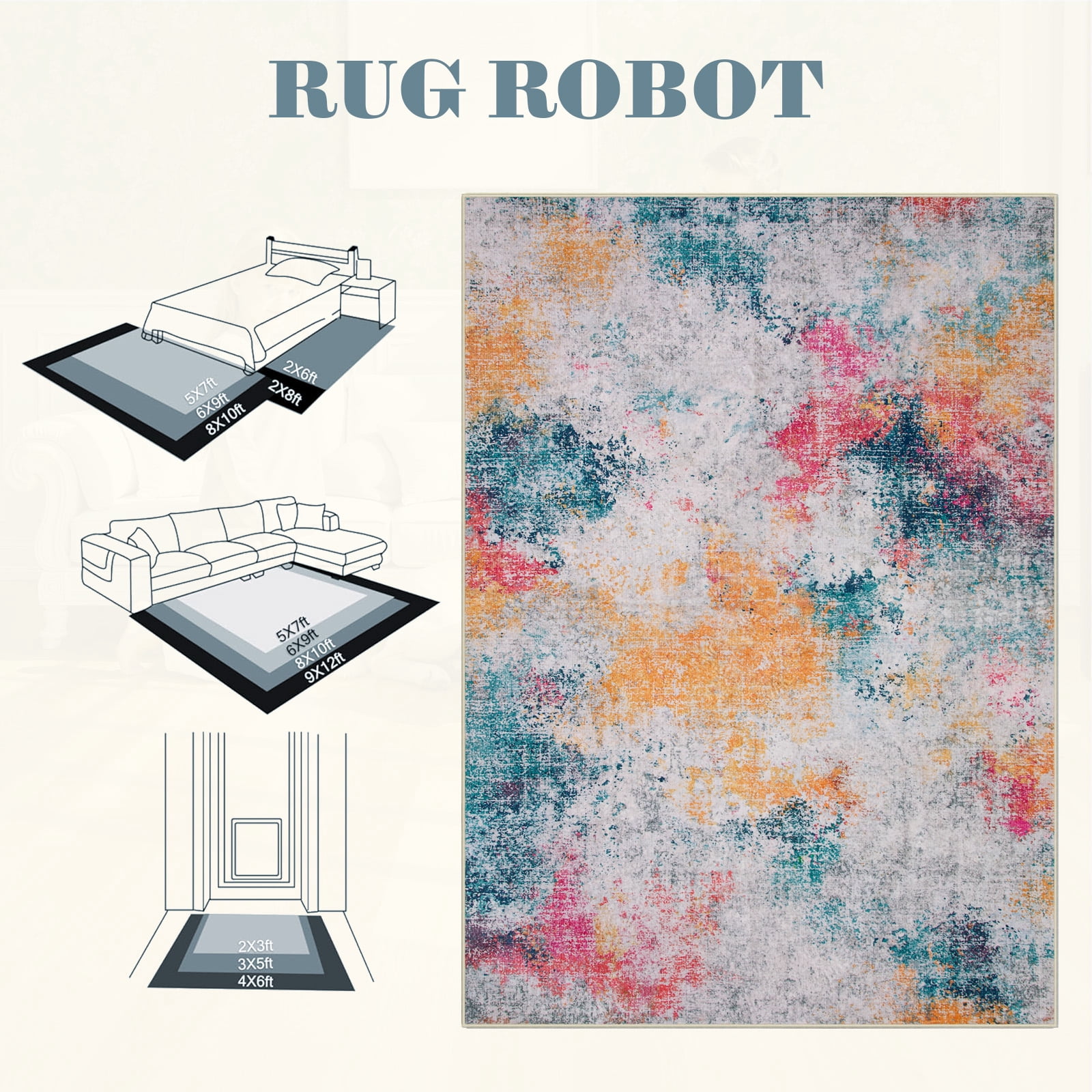 RUG ROBOT Abstract 6'x9' Area Rugs for Living Room, Washable Bedroom Rug Non-Slip, multi color area rug，Soft Modern Large Accent Carpet Throw Rug for Kitchen Dining Room Home Office, Ivory/Blue