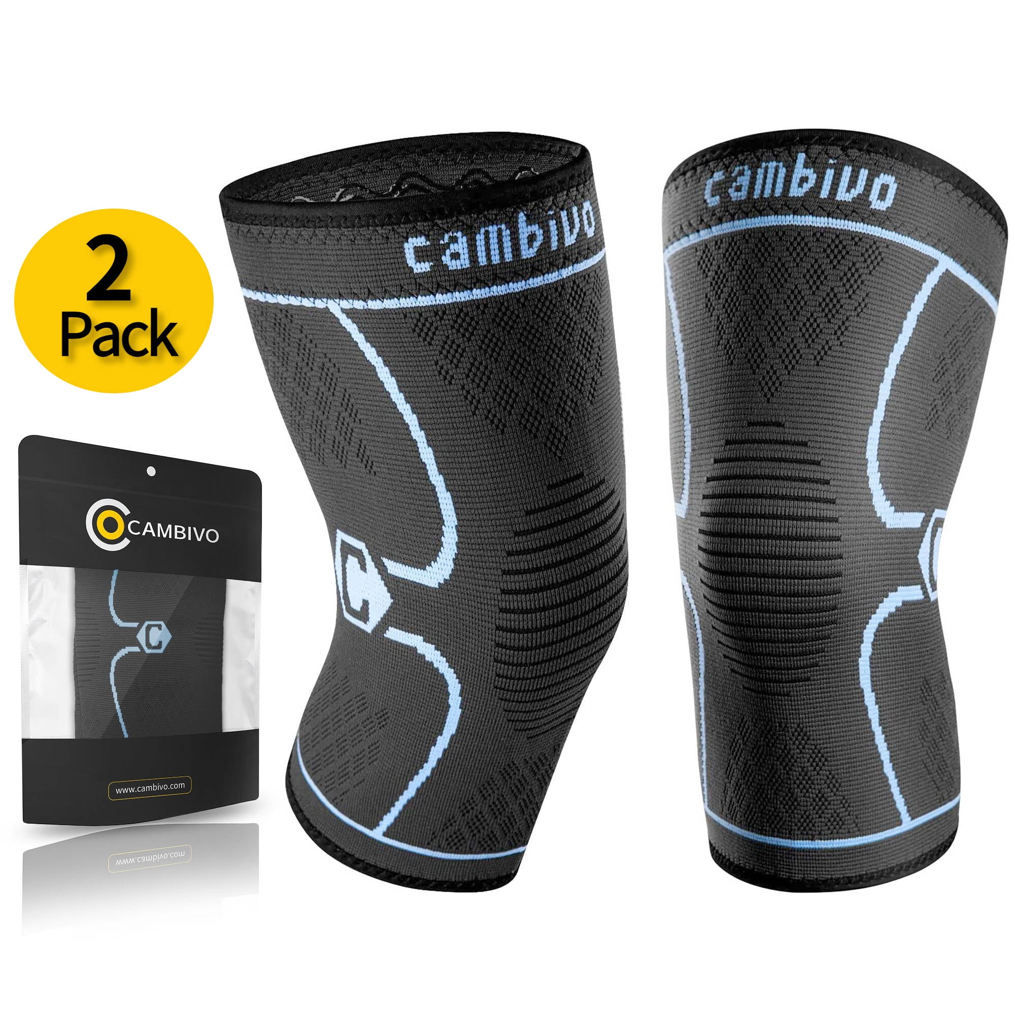 CAMBIVO Knee Brace Support Compression Sleeve 2 Pack, Knee Brace for Meniscus Tear, Knee Sleeve for Running, Arthritis, Joint Pain Relief, Blue L