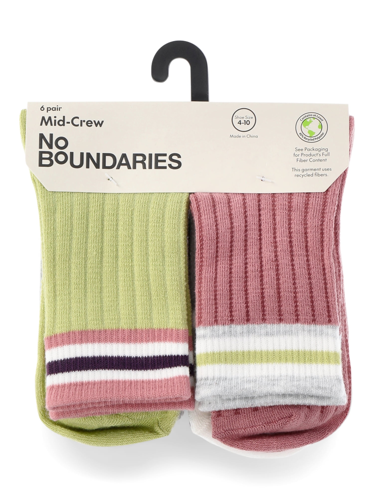 No Boundaries Fashion Pointelle Mid-Crew Socks, 6-Pack, Women's, Shoe Sizes 4-10