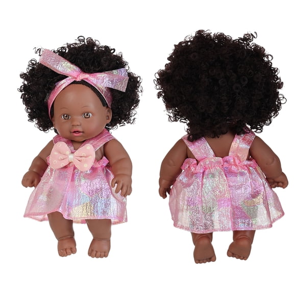 8 Inch African American Black Baby Doll, Washable Combable Curly Hair Vinyl Doll, 360° Rotatable Poseable Pretend Play Toy, Nurturing Companion Christmas Birthday Gift for Toddlers Kids Girls Ages 3