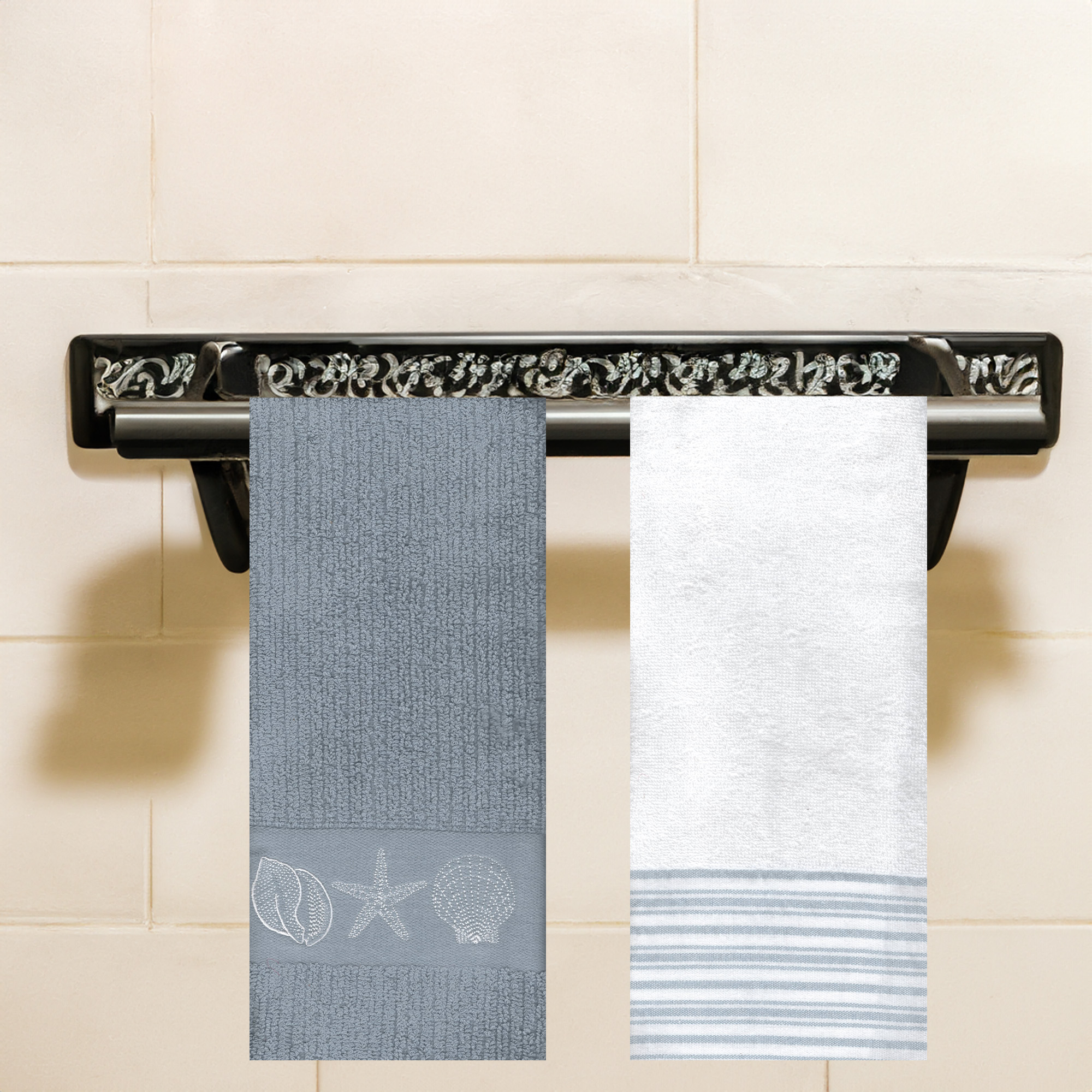 Gray Ribbed Bath Hand Towel Sea Shells, 2 Piece, White with Stripes  Bathroom The Big One