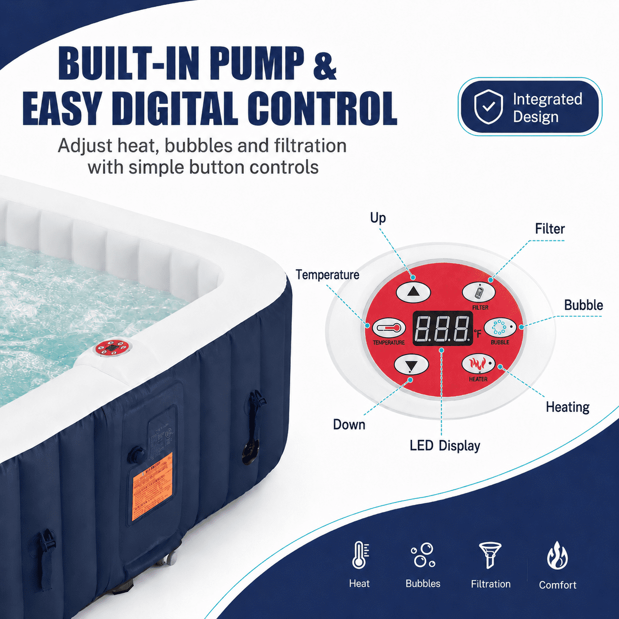 Seizeen Inflatable Hot Tub, 4-6 Person Hot Tub Set, 73'' Square Portable Home Spa w/130pcs Jet, Lockable Cover, Storage Bag, 2 Cup Holders, 4 Replacement Filter, 240gal