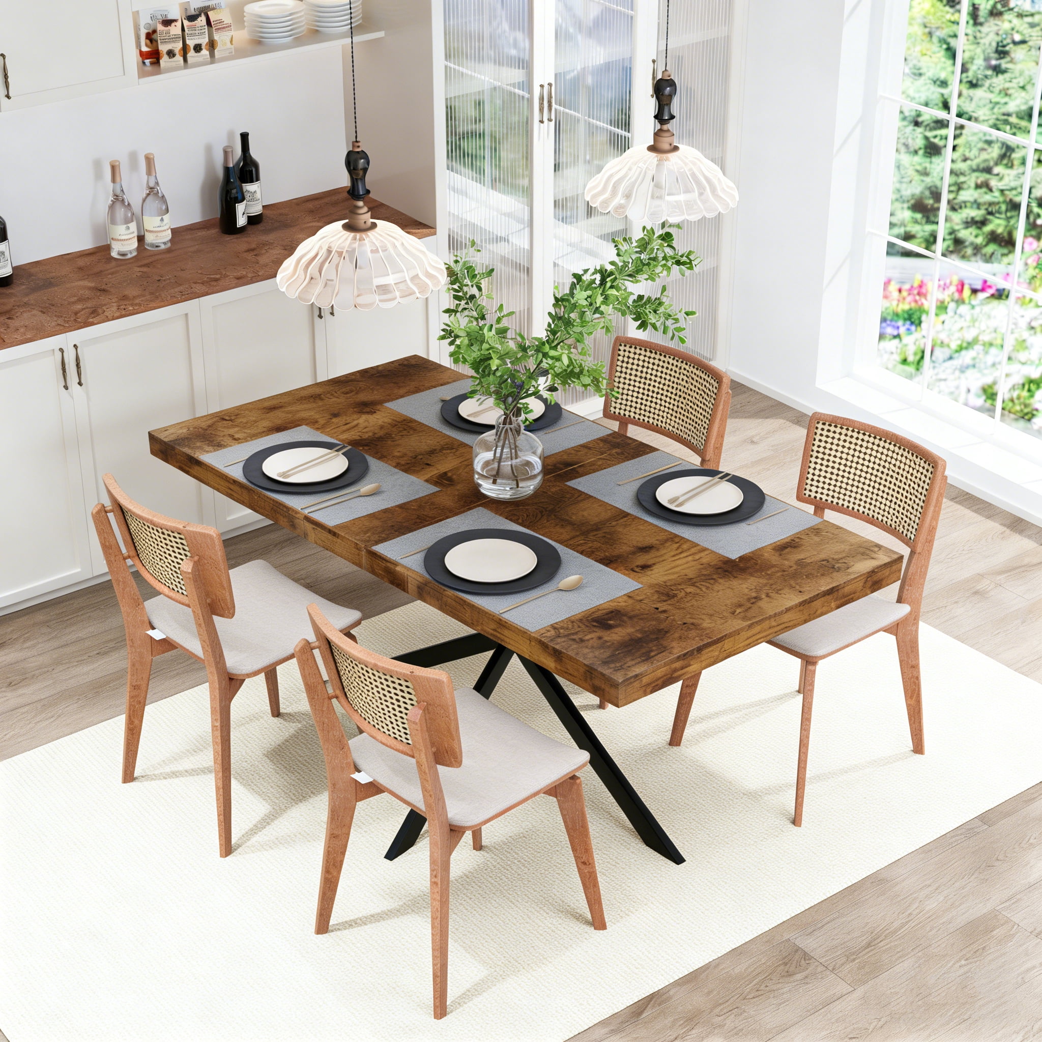 BSHTI 55.11"-70.86" MDF Extendable Rectangular Dining Table with Metal Base and Storage Box for Kitchen/Dining Room（Brown）