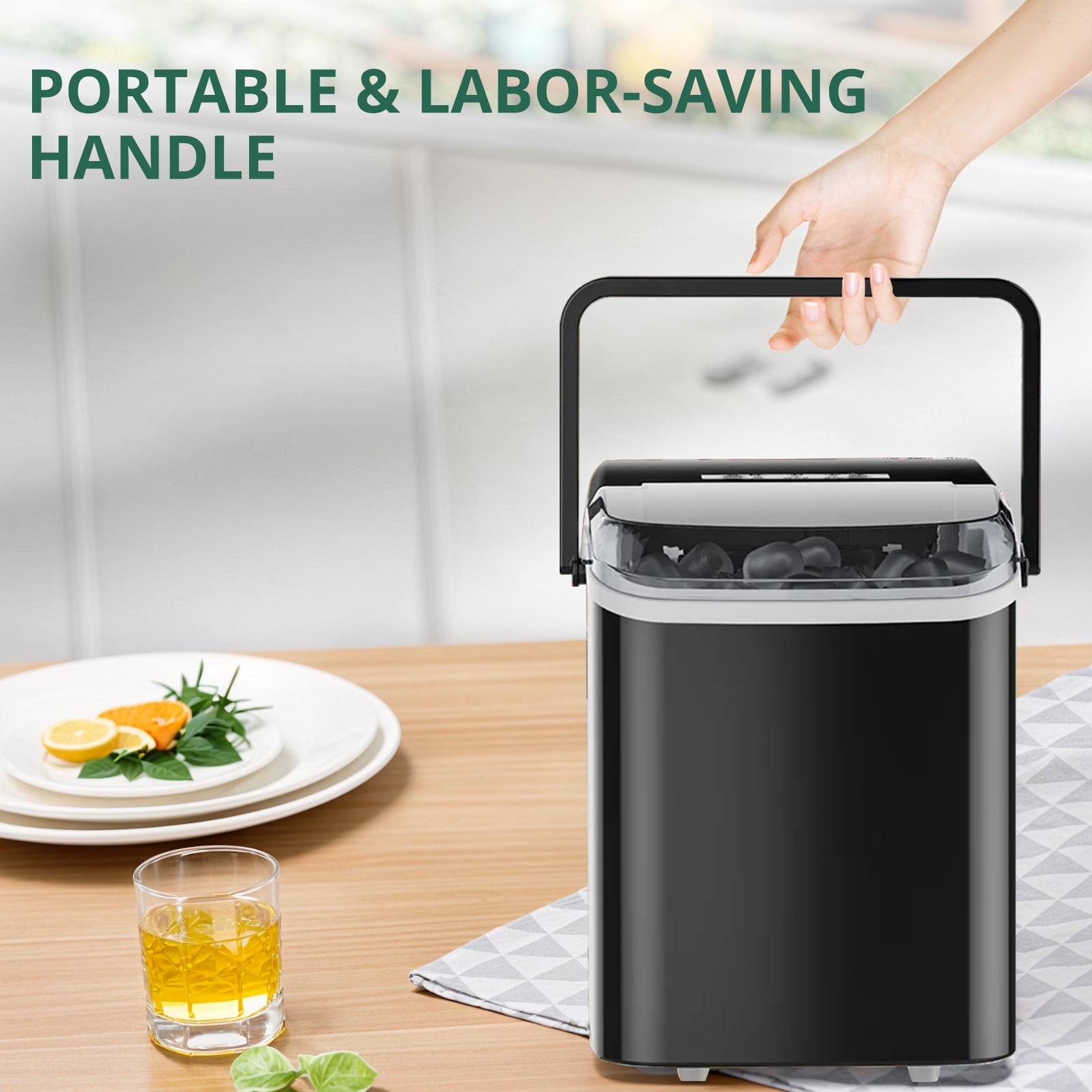 Atilioo Countertop Ice Maker with Handle, Ice in 6Mins, 26 Lbs/24H, 2 Sizes Bullet, Portable Ice Maker Machine with Self-Cleaning for Home/Bar/Camping/RV, Black