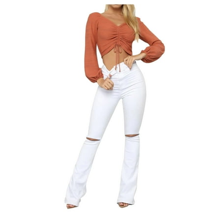 

Ziloco Women s High Waist Slim Hole Burr Denim Micro Trumpet Pants maternity pants White S