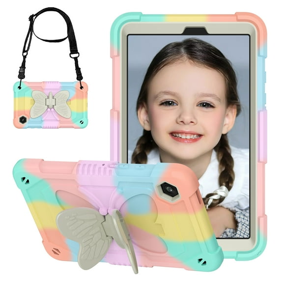 ShieldPlus for Samsung Galaxy Tab A9 Case for Kids Girl, Galaxy Tab A9 8.7 inch 2023 Released with Butterfly Stand Shoulder Strap Shockproof Full Body Protective,Rainbow