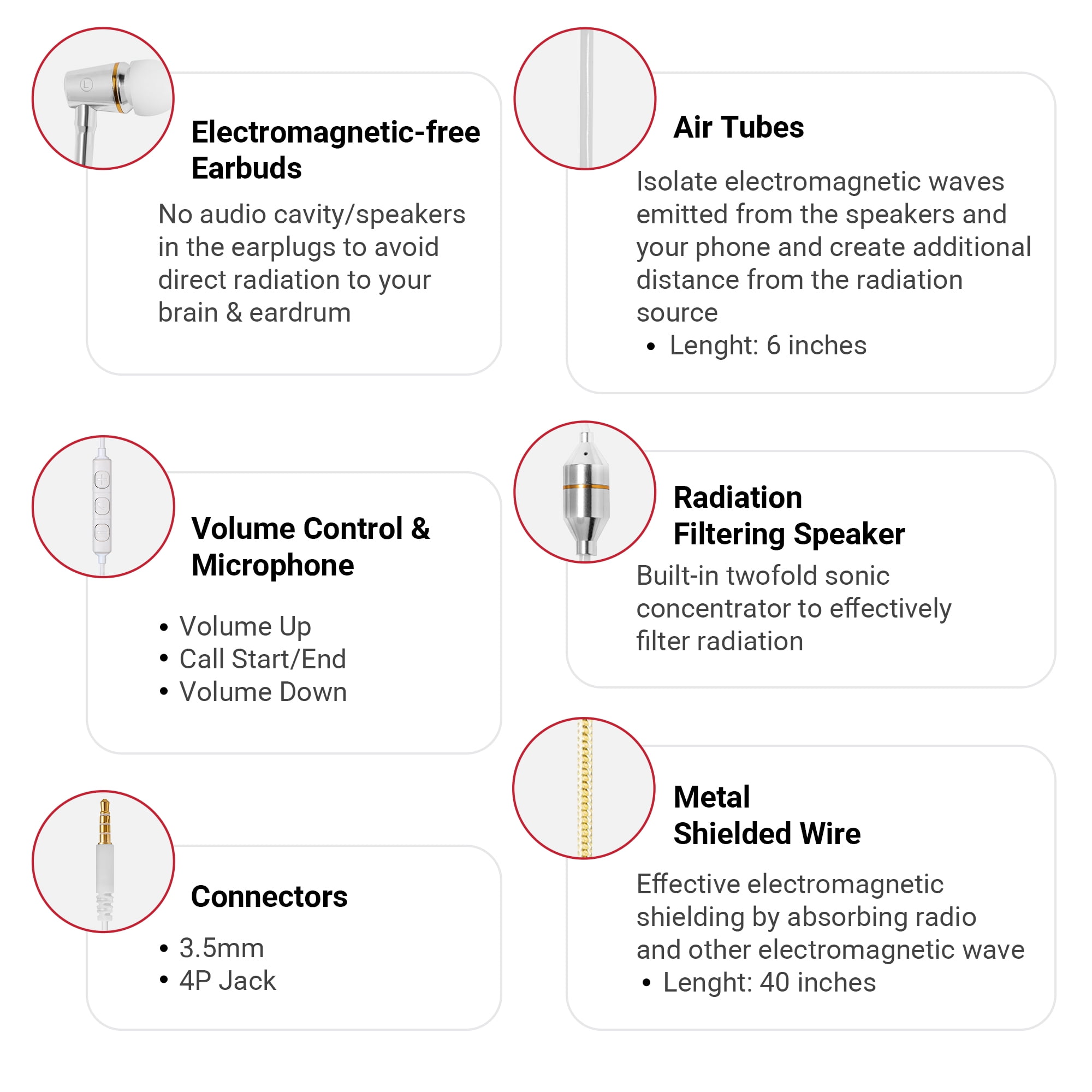 ATMOSURE Air Tube Headphones — Anti Radiation EMF Free Headphones (3.5mm Jack) — with Microphone, Volume Control, Clipper, Ear Tips and Carry Case